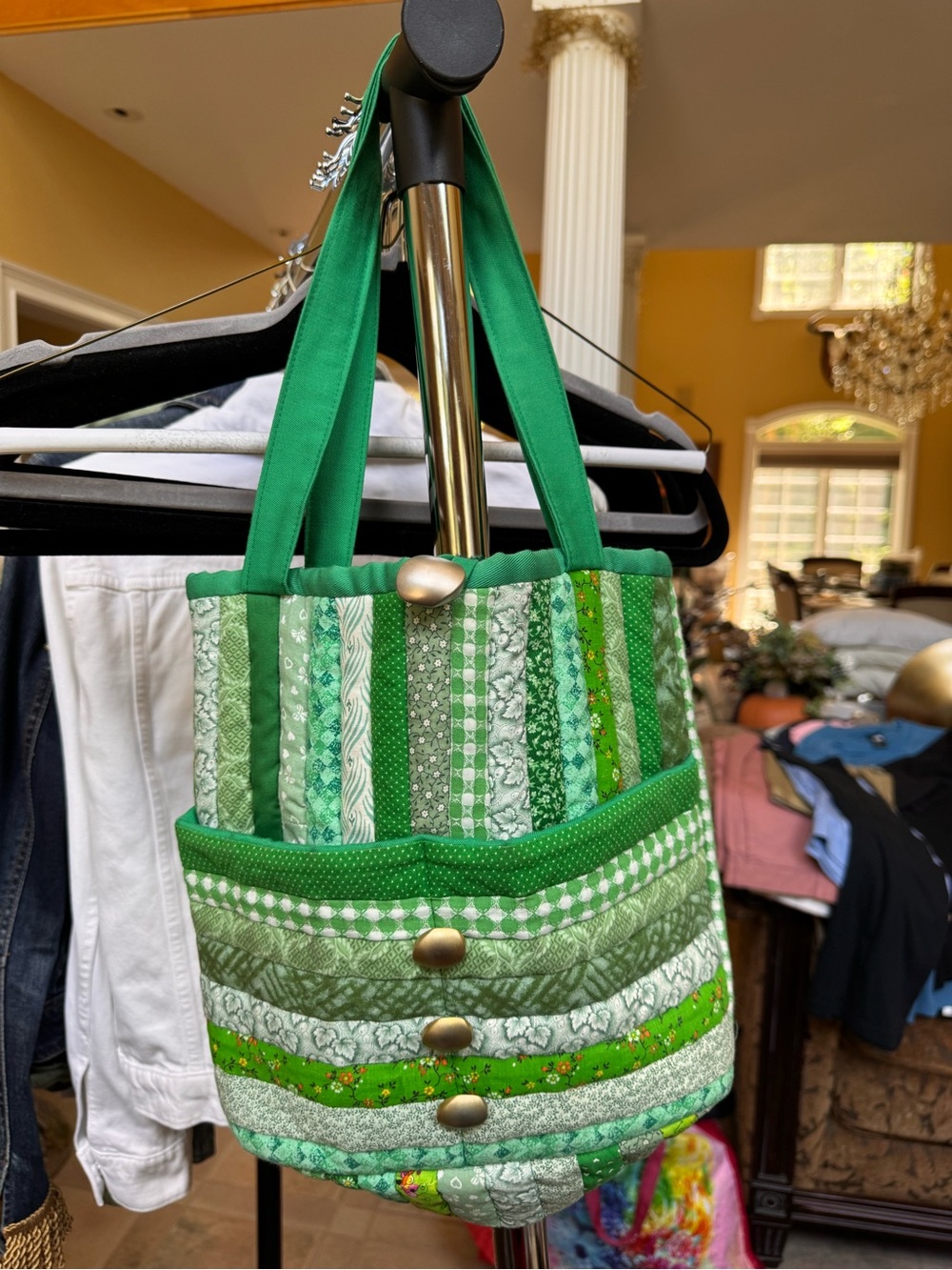 Green Patchwork Quilted Tote with Front Pocket